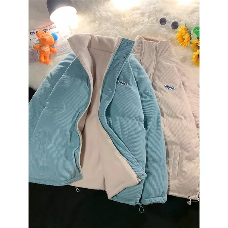 2024 Winter Women Corduroy Jacket Vintage Lamb Fleece Cotton Parkas Coat Fashion Thick Warm Clothes Loose Double-sided Outerwear