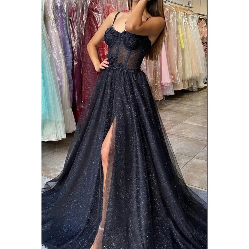 Neue lange elegante sexy schwarz abnehmen Abendkleid Vestido Roben de Soirée Bankett Party stilvoll