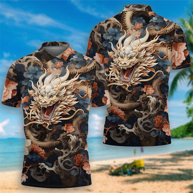 Kaus Polo mistis Naga 3D motif untuk pria, kemeja atasan Harajuku Hip Hop naga pendek Naga Timur Loong POLO Y2K