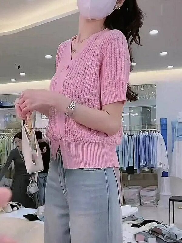 Shiny Bling Sweet Short Sleeved Knitted Sweater Spring And Summer New Short Sleeved V-Neck Solid Color Casual Women's Clothing