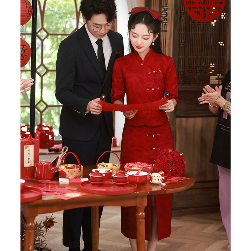 Conjunto de vestido de casamento estilo chinês para mulheres, noiva, brinde Qipao Xiuhe, elegante Jacquard Cheongsams, veste longa vintage, novo