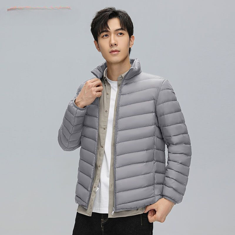 Mantel bulu angsa tipis untuk pria, jaket Luaran kerah berdiri kasual warna polos H491 Ultra ringan musim dingin 2023
