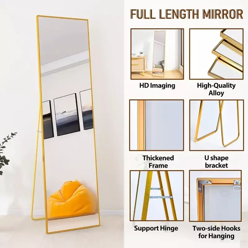 Wall-mounted Bedroom Mirror with Aluminum Alloy Frame, Dressing Mirror, Full Body, Living Room Furniture, Frete Grátis