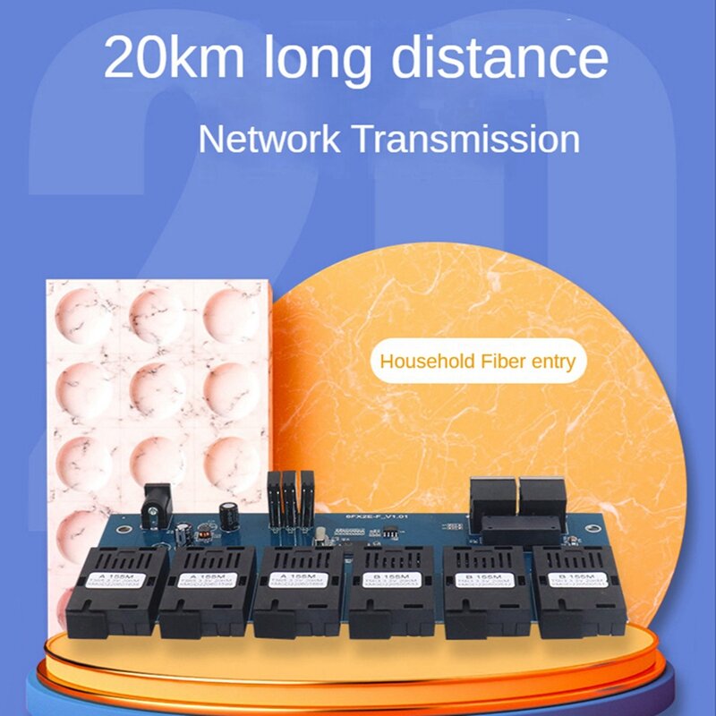 Commutateur de fibre optique monomode, convertisseur de XXL, PCBA 6x155m, 2 ports RJ45, 20km, SC, Ethernet rapide, 10 m, 100m