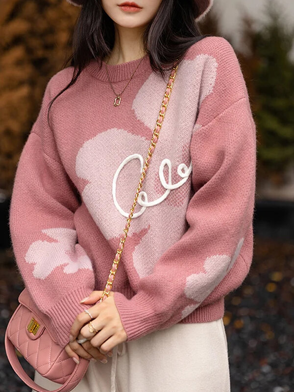 Sweter jesienno-zimowy damski koreański dziergany sweter damski sweter z nadrukiem elegancki kwiatowy sweter damski elegancka, luźna swetry