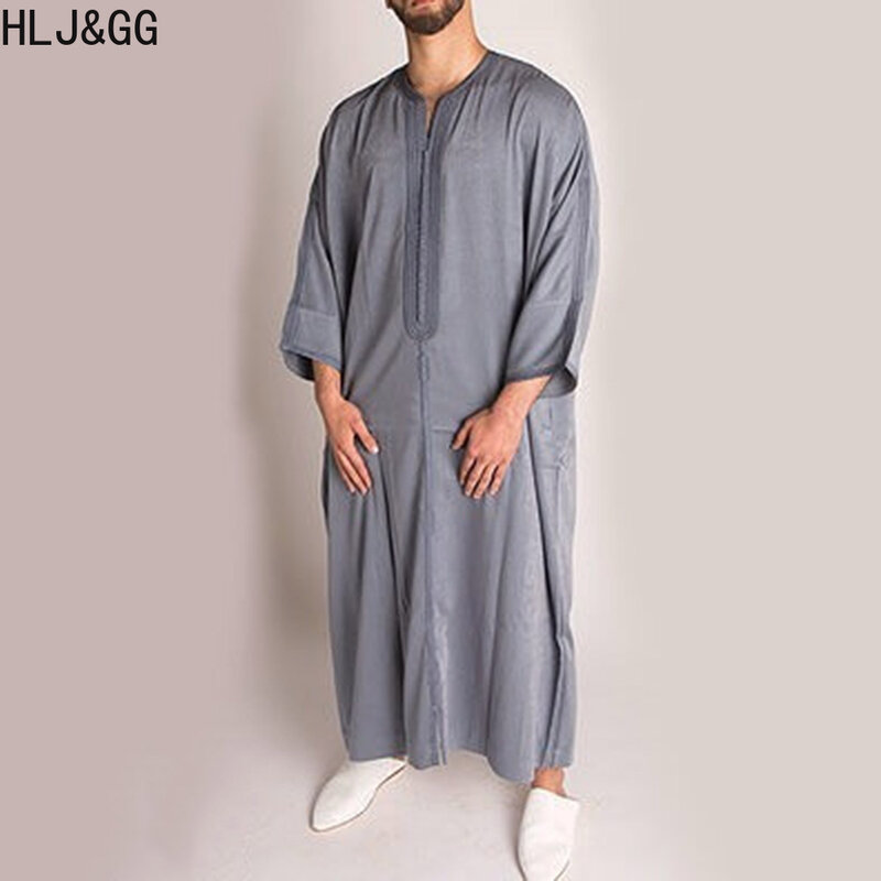HLJ&GG Traditional Muslim Clothing Eid Middle East Jubba Thobe Men Thobe Arab Muslim Robes Saudi Arabia Gray Long Blouse Dress