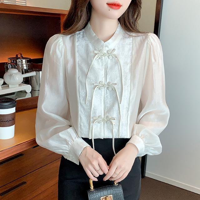 Estilo chinês Étnico Tang Terno Camisa Blusa Mulheres Graciosa Melhorada Cehongsam Top Causal Diário Tangsuits Chiffon Blusa