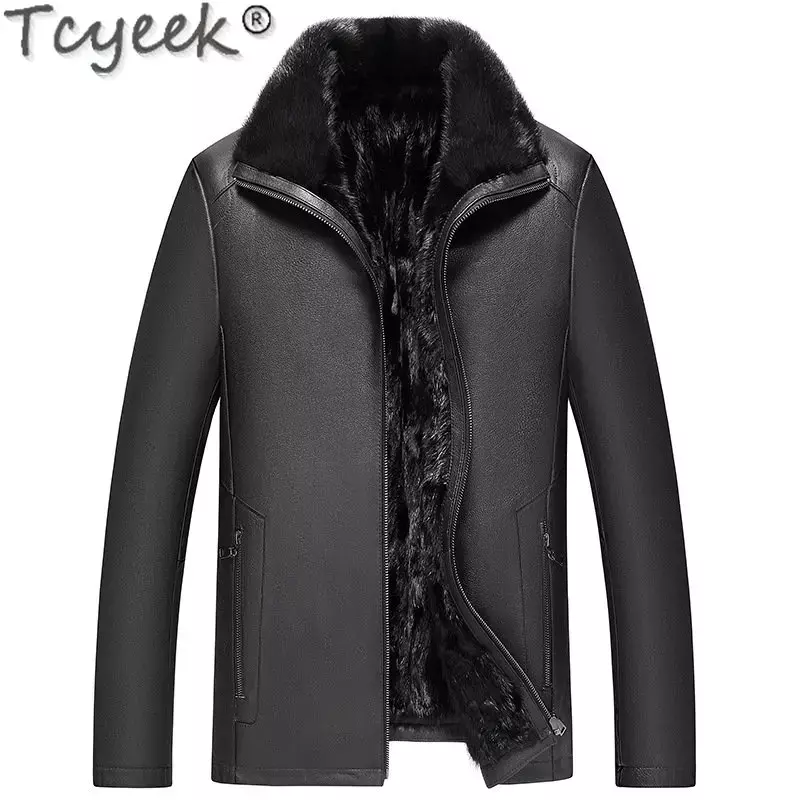 Tcyeek-Casaco de couro de couro superior, jaqueta natural de pele de vison, roupas masculinas, inverno