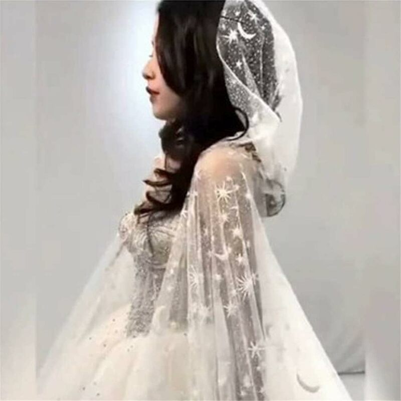 Bridal Veil Wedding Cape White Sparkly Glittering Stars Moon Long Cathedral Sequined Shawl Hooded Veil for Bride Cloak