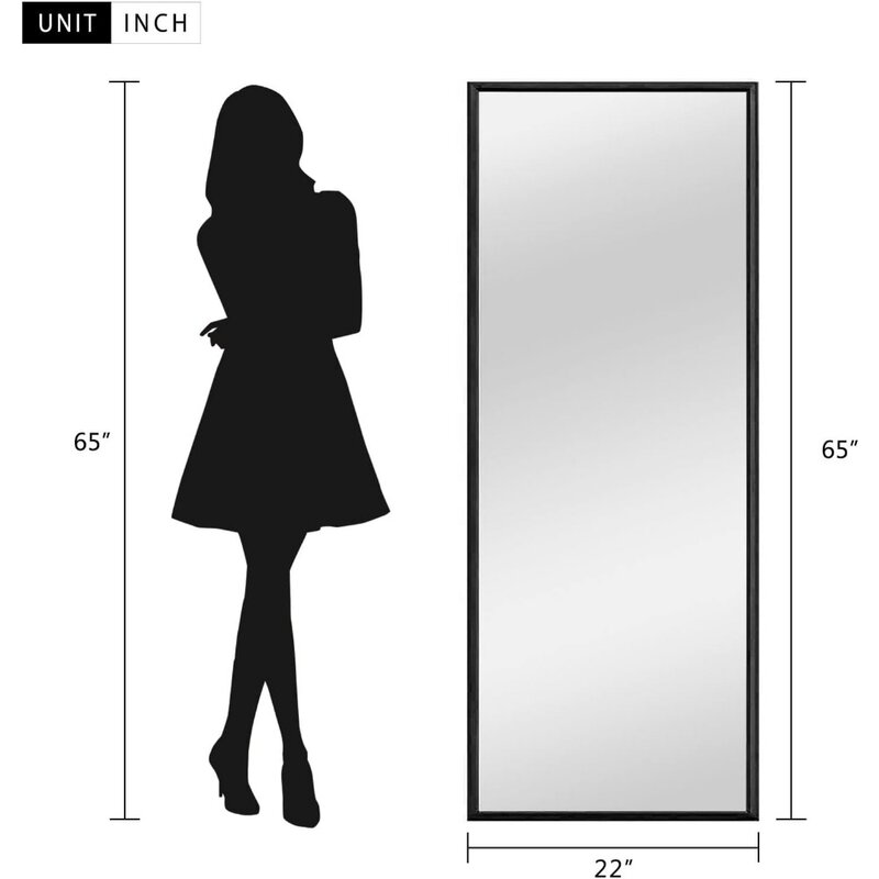 중립 전체 길이 거울, 수직 브래킷이 있는 플로어 스탠딩 거울, 드레싱 거울, 벽걸이 거울 (우아한 검정색)