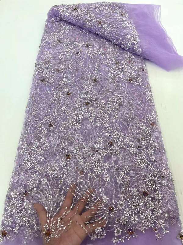 Tela de encaje de tul con cuentas de lentejuelas africanas para boda, tejido bordado de alta calidad con piedras 3D de Color lila francés, XC75YN, 2023