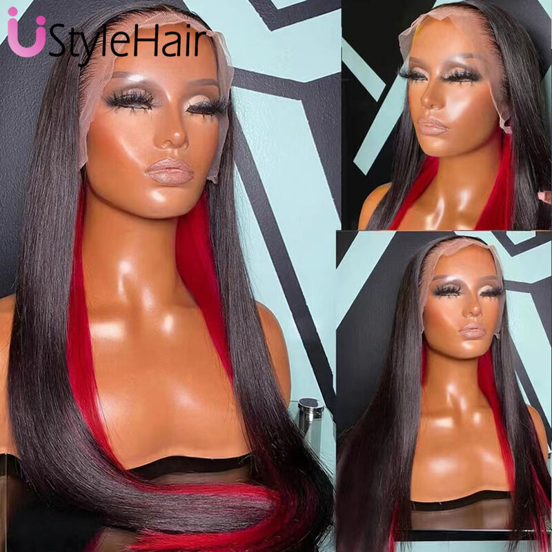 Custom hair schwarz rot seidig gerade Perücke natürlichen Haaransatz synthetische Spitze Front Perücken für Frauen halb schwarz halb rot hervor gehoben Perücke