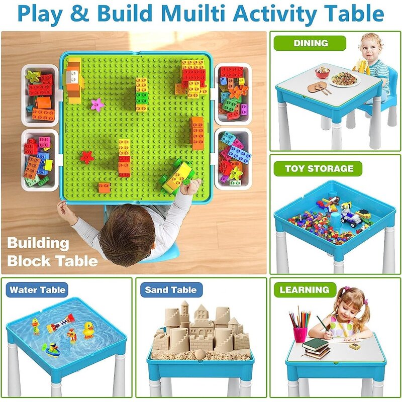 Juego de mesa de actividades múltiples 5 en 1 para niños, mesa de bloques de construcción con almacenamiento, mesa de juego
