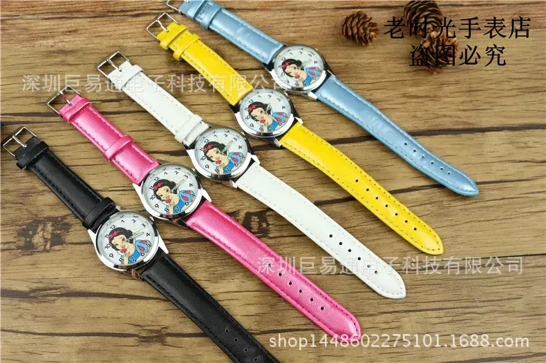 Disney-Relógio infantil de couro branco neve, pulseira de vidro, fivela de pino, presente para meninos e meninas, presente, estilo