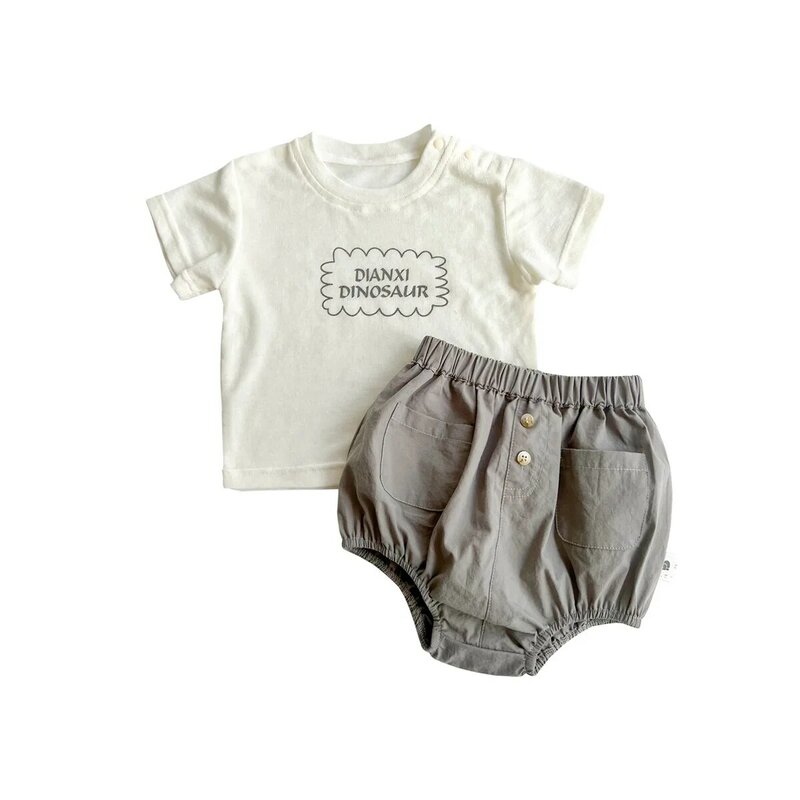 Conjunto de ropa de 2 piezas para niños, camisetas de manga corta con estampado de letras y cuello redondo, pantalones cortos sueltos de muselina elástica, trajes para recién nacidos