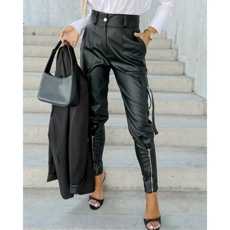 Autumn Women Zipper Fly Pocket Design Pu Leather Cargo Pants High Waist Casual Skinny Pants Outfits Streetwear Chic Clothing