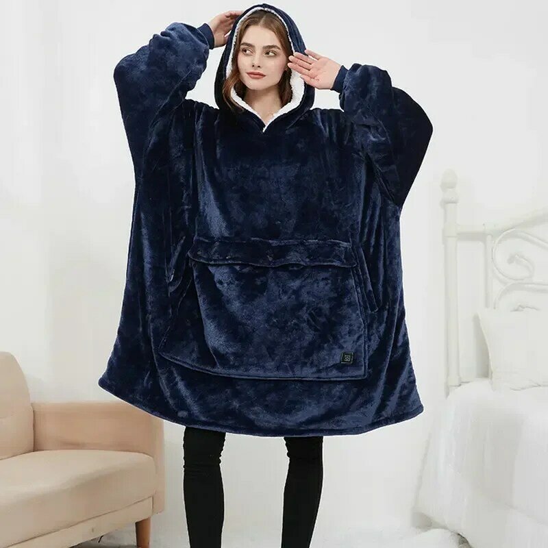 Cobertor com capuz USB para mulheres, flanela de dupla camada, roupão de casal, roupão de banho feminino