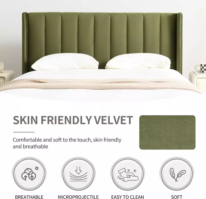 Cadre de lit double en tissu de lin à plateforme rembourrée, tête de lit au design géométrique moderne à double aile, glouton complet