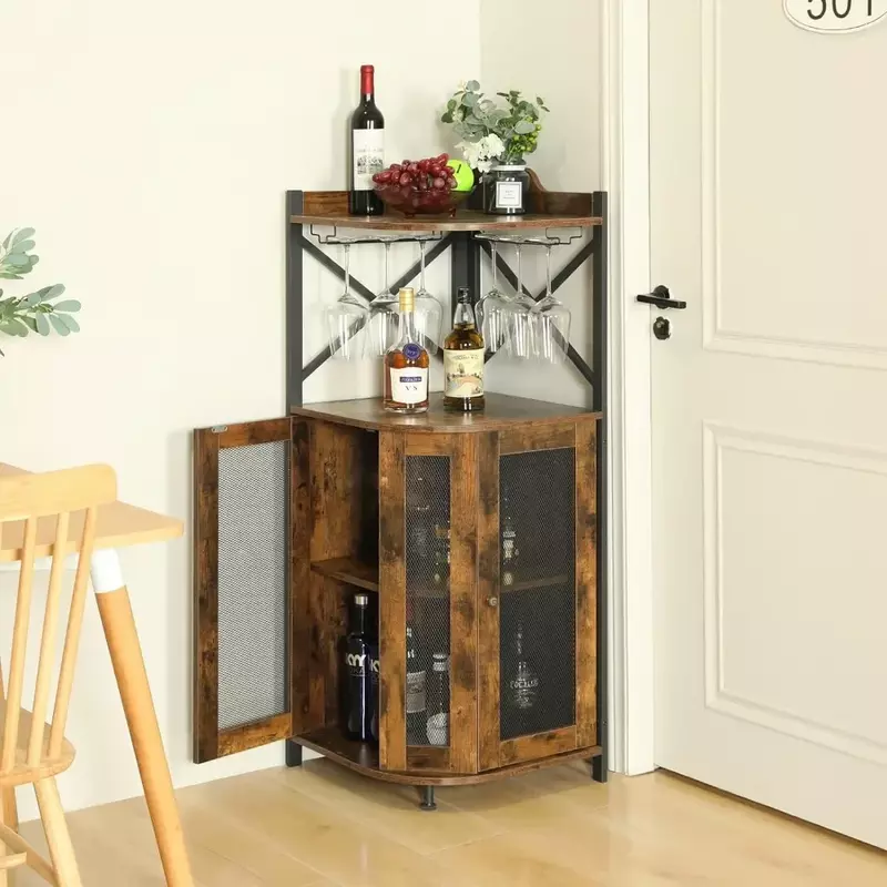 Mobile da Bar ad angolo con supporto in vetro frigorifero per vino Home Bar per la conservazione di liquori e vino scaffale per vetrine marrone rustico