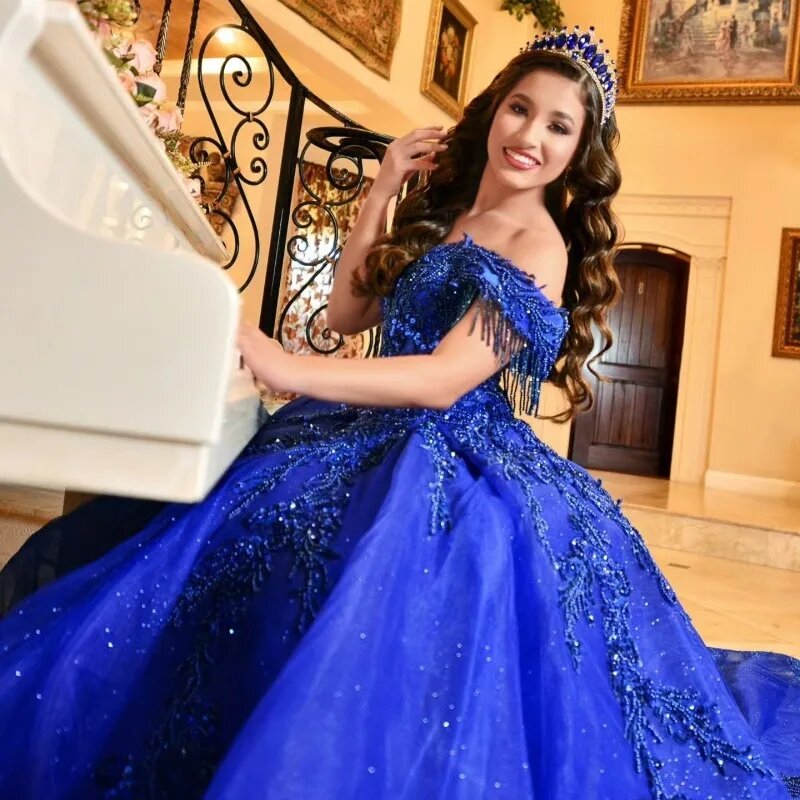 Vestidos de Quinceañera de princesa Azul Real, vestido de baile con hombros descubiertos, apliques de cuentas, dulce 16 vestidos, 15 Años, mexicano