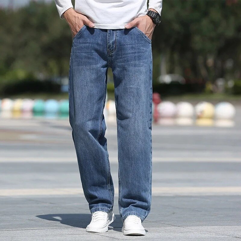 Jeans klasik pria, panjang penuh lurus kasual merek musim gugur musim dingin celana koboi pria