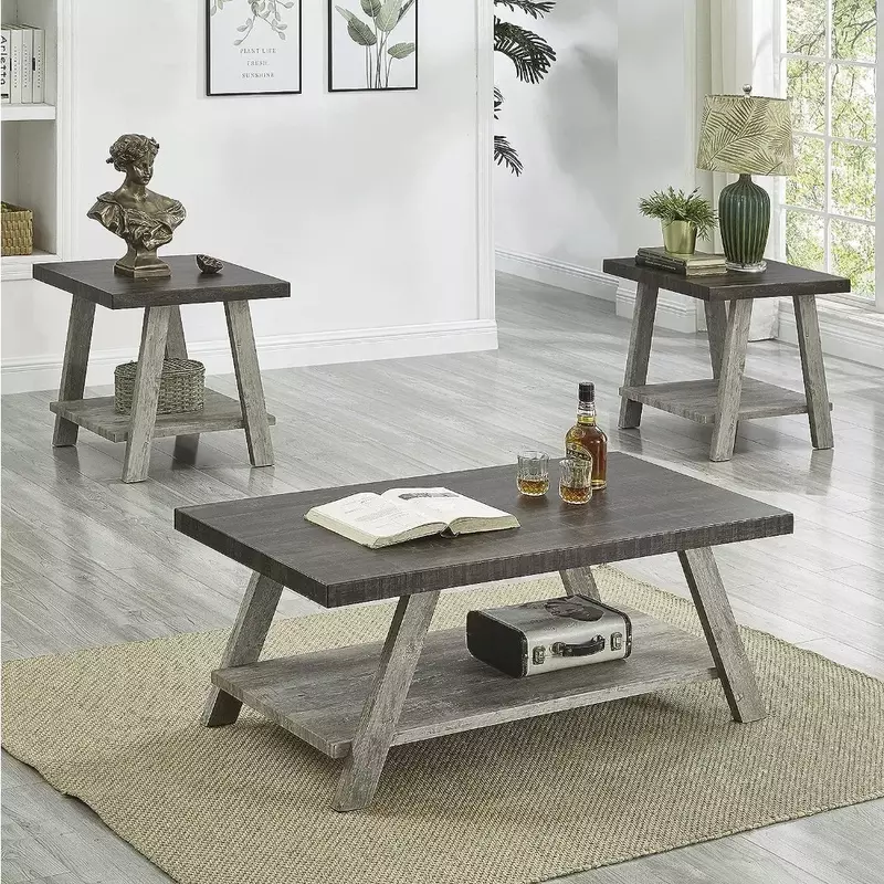 Roundhill Furniture Athens Contemporary 3-Piece Wood Shelf Coffee Table Set, 24D x 48W x 19H in, Walnut and Gray