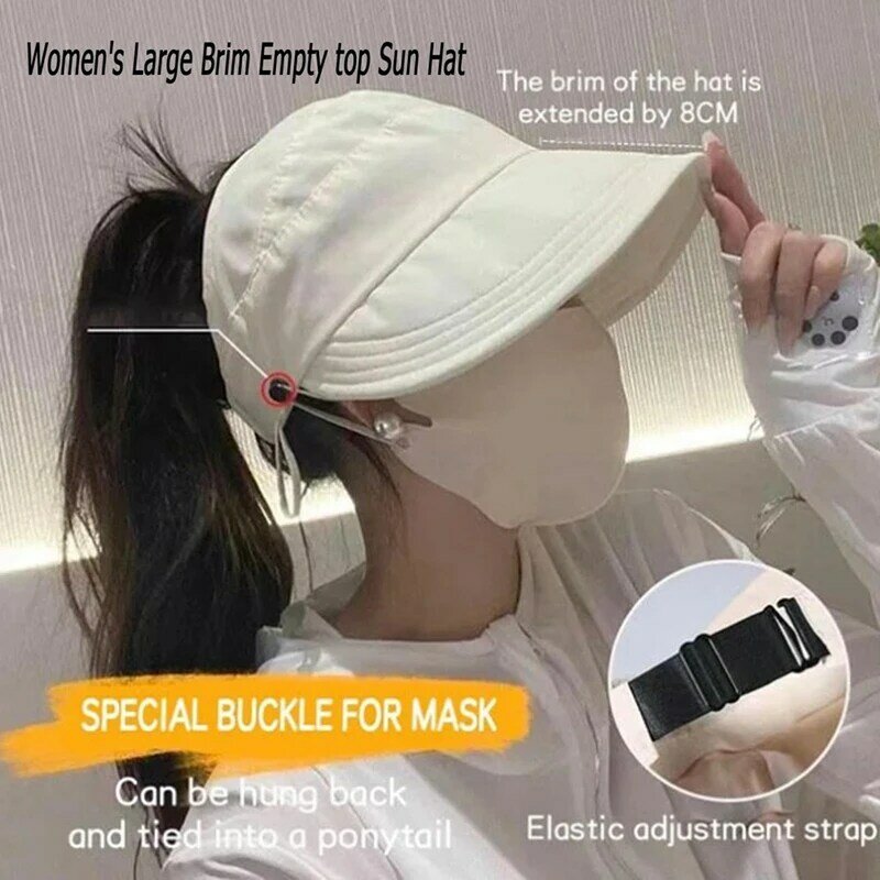 Women'S Large Brim Empty Top Sun Hat, Outdoor UV Protection Widened Brim Hollow Top Sun Hat for Women,Black & White