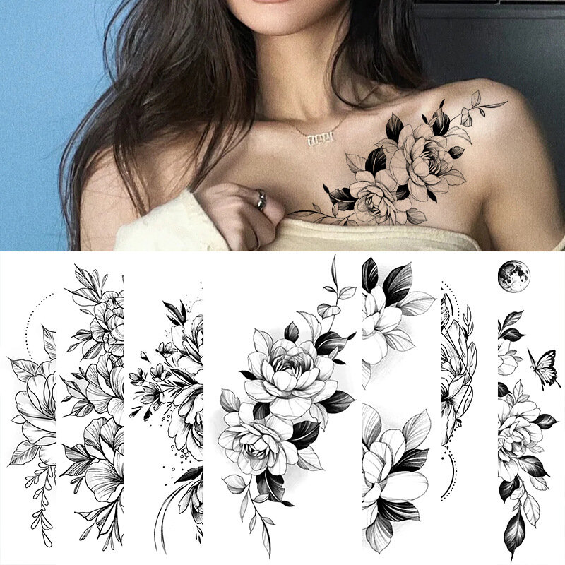 Duży rozmiar Czarny kwiatowy wzór Fałszywy tatuaż Naklejka dla kobiet Dot Rose Peony Tymczasowe tatuaże DIY Transfer wody Tatuaże Dziewczyny