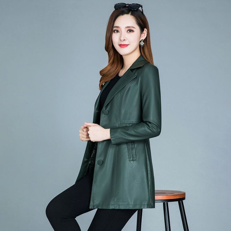 Jaket kulit Formal wanita, mantel anti angin kulit PU kasual ramping setengah panjang Korea musim semi musim gugur