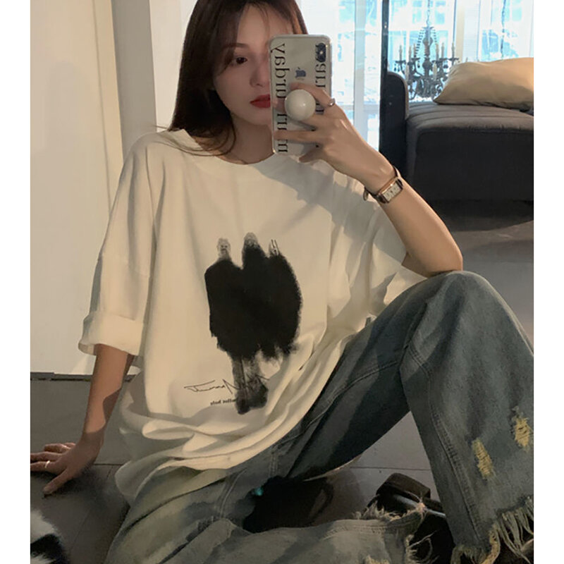 Fashion O-Neck Loose Casual Printed Hole T-Shirts Female Clothing 2024 Summer New Oversized All-match Tops Korean Tee Shirt