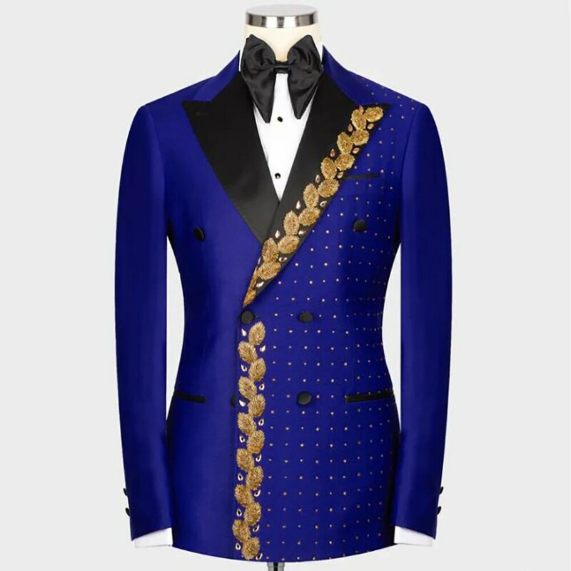 Royal Groom Wedding Tuxedos Gold Beads Lapel Men's Suits Custom Made Double Breasted Prom Blazer Pants 2 Pieces Man Party Dress