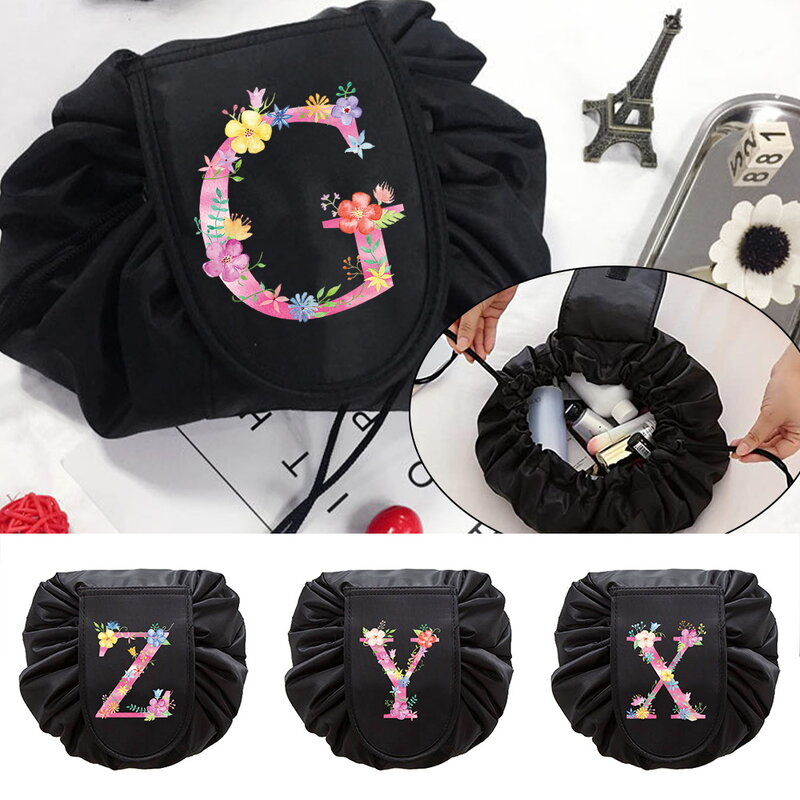 Bolsa de cosméticos portátil con estampado de letras rosas Unisex, bolsa de maquillaje mágica con cordón, bolsa de aseo de viaje plegable