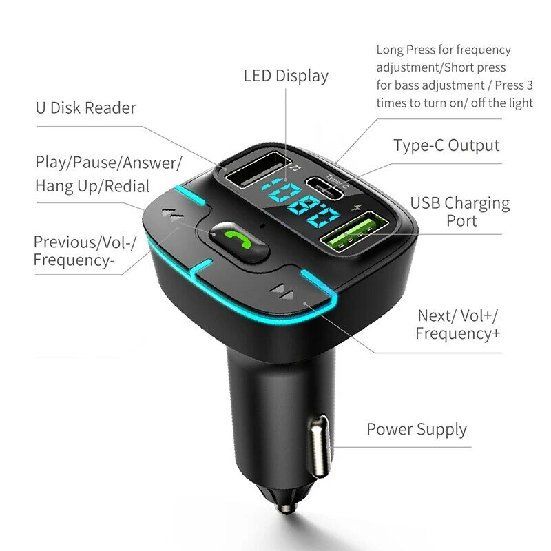 Bluetooth 5.4 FM transmitter car MP3 music U Disk player hands-free call car charger fast charging PD Type-C voltage display