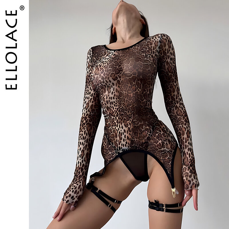 Terno de corpo leopardo Elolace, tops bodycon sexy com estampa animal, bodysuit fantasia manga longa apertado, roupa Kinky Sissy renda, 2023