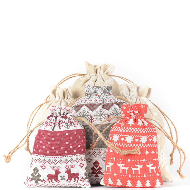 50pcs Wholesale Merry Christmas Linen Cloth Drawstring Bags 10*14cm, 13*18cm Small Storage Kids Pocket Pouches Party Favors