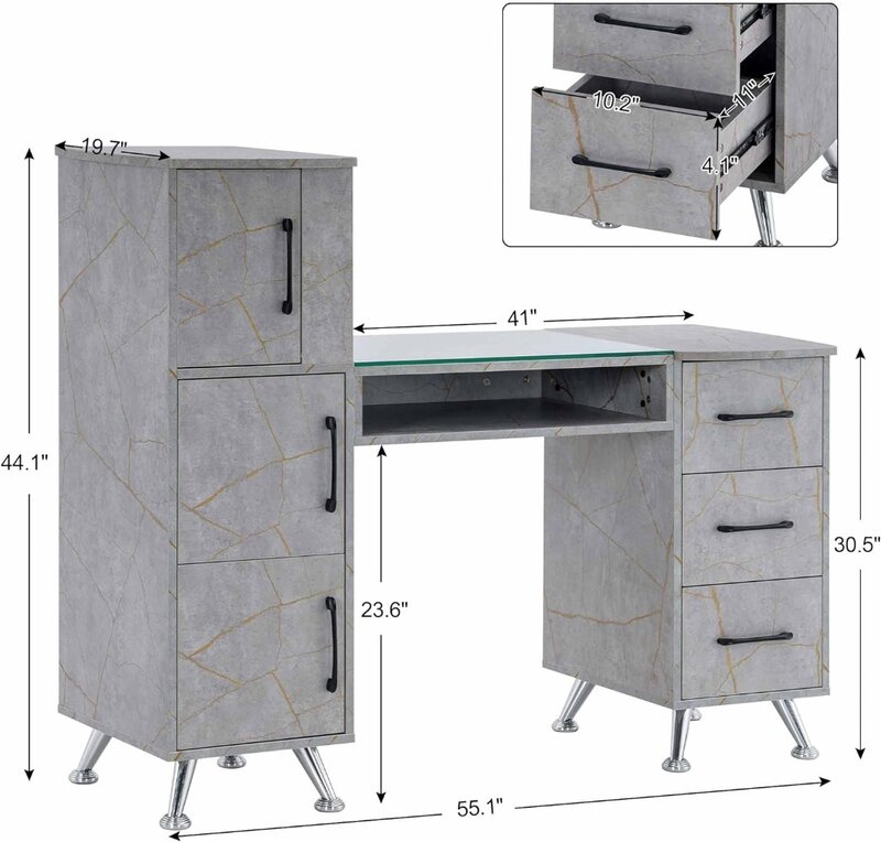 Маникюрный Стол BarberPub, макияжный стол для ногтей с ящиками, рабочая станция для хранения салона красоты 2611 (золотистый и серый)