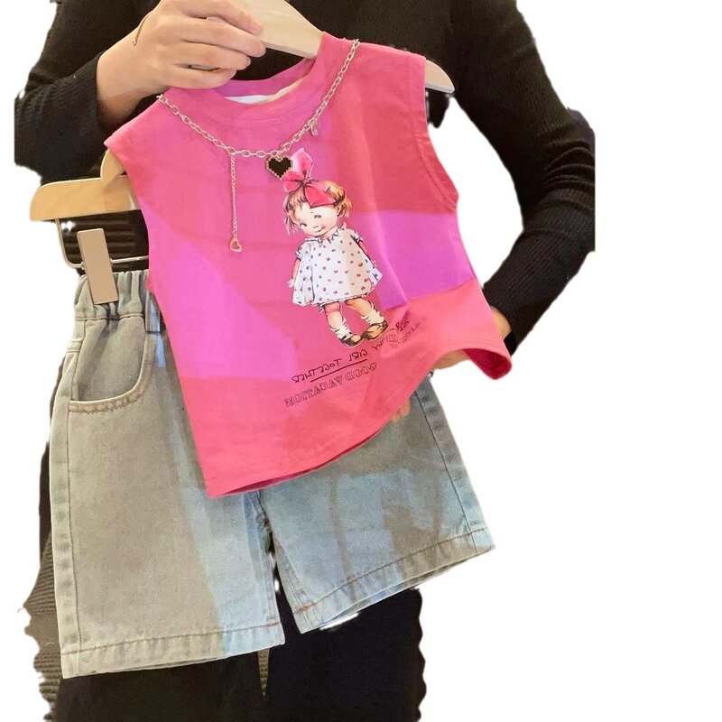Summer Baby Girl Two-piece Clothes Sey Cartoon Little Girl Pattern Muslin Vest Solid Elastic Waist Denim Shorts Infant Girl Suit