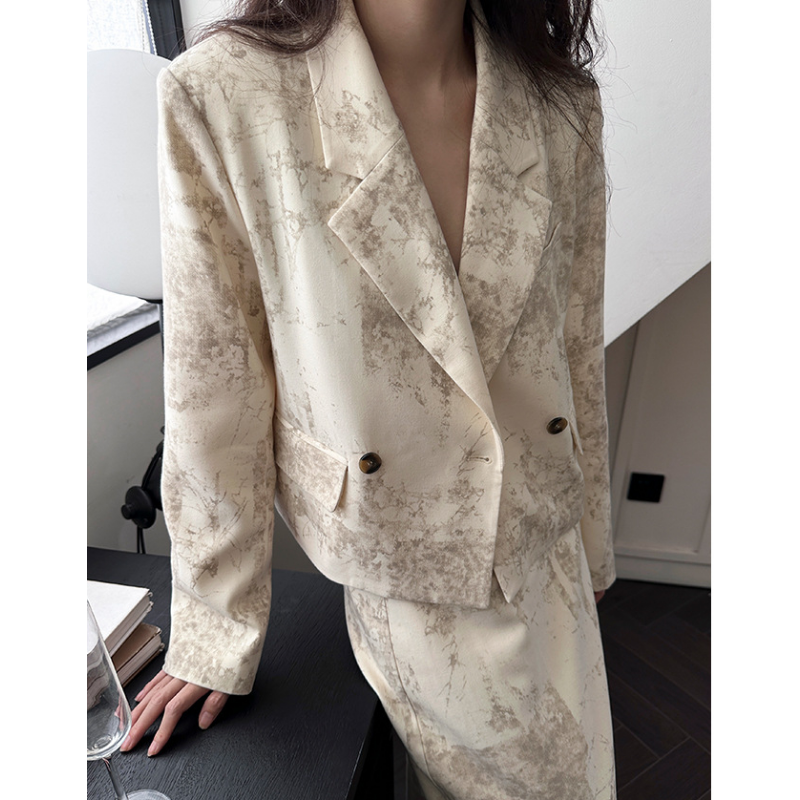 Setelan pendek wanita blazer crop bunga gaya China baru mantel musim gugur 2023 pakaian abu-abu aprikot komuter longgar