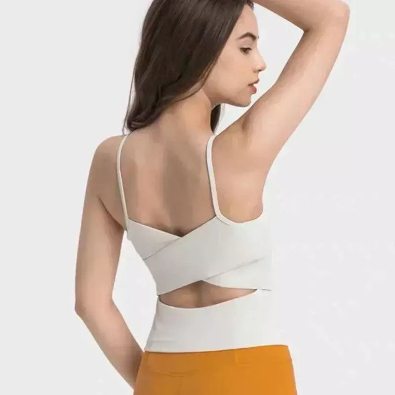Lemon Women Cross-Back Yoga Vest con supporto leggero con imbottitura sul petto Splicing Hollow Halter Fitness Vest Fashion Sport Tank Top