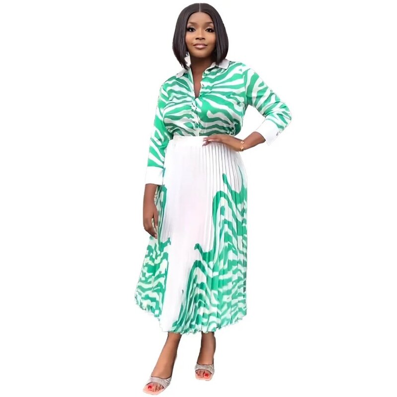 Elegant Summer 2024 Fashion African Long Sleeve V-neck Print 2 Piece Top Skirts Matching Sets Dashiki Africa Clothing Outfits
