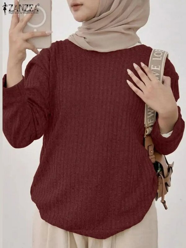 ZANZEA Women Muslim Blouse Vintage Solid Dubai Turkey Abaya Shirt Loose Islamic Clothing Fashion Spring Long Sleeve Knitted Tops