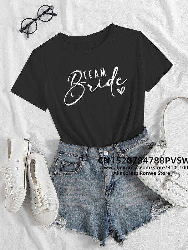 Camiseta feminina Team Bride Heart, Evjf Hen Party, Grupo feminino, Tops de casamento, T-shirt feminina, preta, rosa, roupa branca