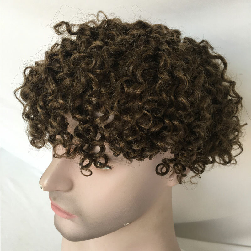 Mens Toupee Curly Human Hair Wigs Replacement Full Swiss Lace Toupee Hair Piece For Black Men's wig 10X8inch Brown #4 Color