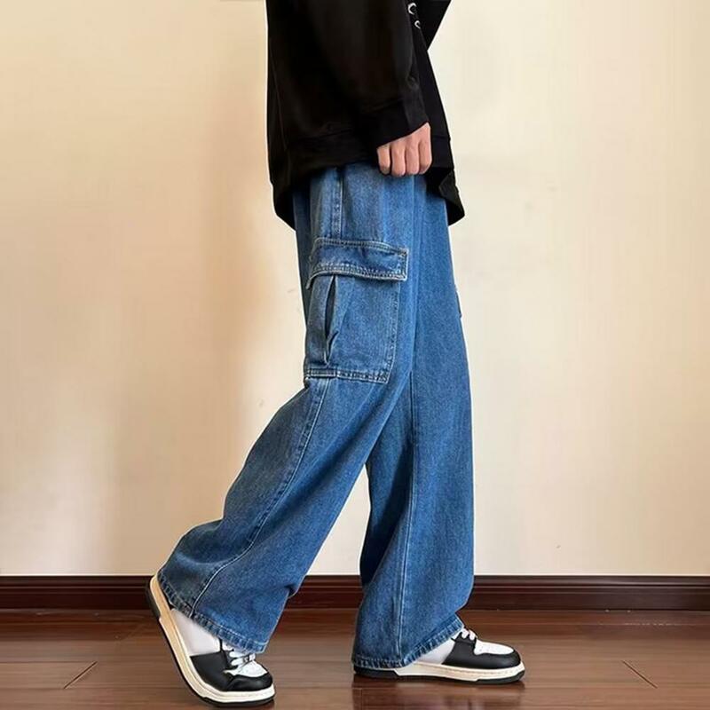 Брюки мужские с широкими штанинами, свободные однотонные повседневные штаны-карго в стиле High Street, с эластичным поясом и карманами