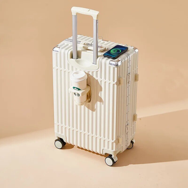 Maleta de equipaje multifuncional con marco de aluminio, asiento de portavasos con rueda Universal, Maleta de embarque con interfaz USB integrada