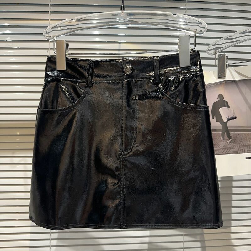Falda Autumn New Arrival Metallochrome Color Bright Pu Faux Leather Short Slim Bodycon Skirt