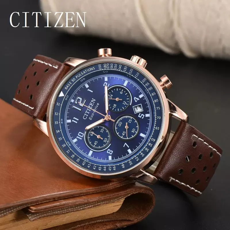 Citizen-Montre à quartz avec bracelet en cuir pour homme, horloges à énergie cinétique scintillantes, antichoc, mode de luxe, affaires