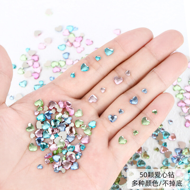 50Pcs Sparkling Rhinestones Love Heart Nail Art Decorations with Flat Bottom and Multiple Facets Various Colors