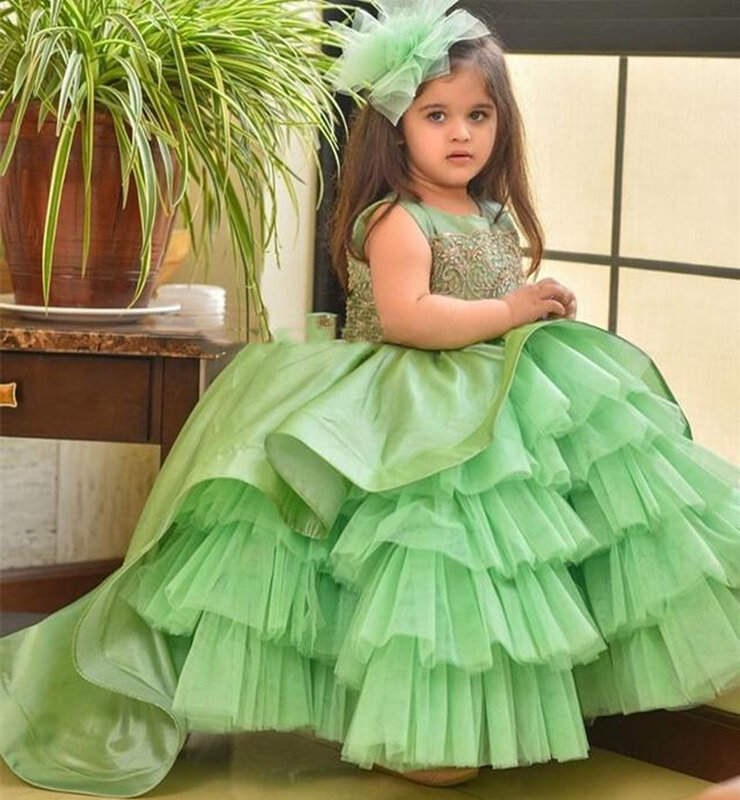 Zielona dziewczęca sukienka w kwiaty dla haft ślubny koronki z kryształkami warstwowa sukienka z tiulu mała księżniczka urodzinowa na imprezę bal balowa