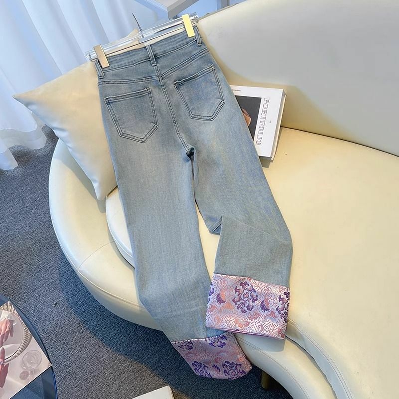 Nowy chiński styl haftowany Patchwork przycięte dżinsy z prostymi nogawkami dla kobiet Vintage wysoki stan spodnie dżinsowe